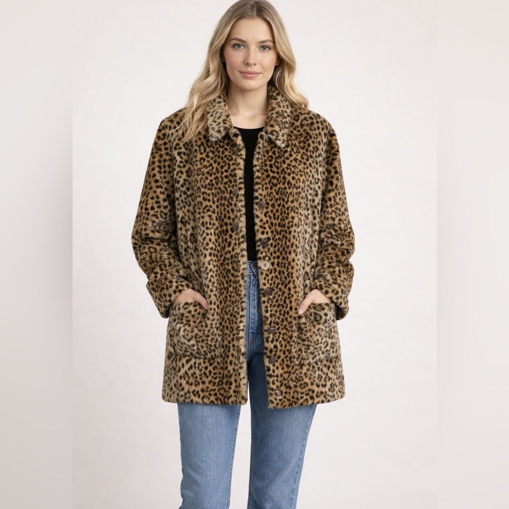 Vintage Karen Kane Lifestyle Leopard Faux Fur Coat Made In Usa Animal Print